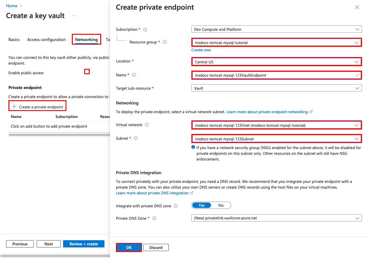 A screenshot showing how to secure a key vault with a private endpoint.