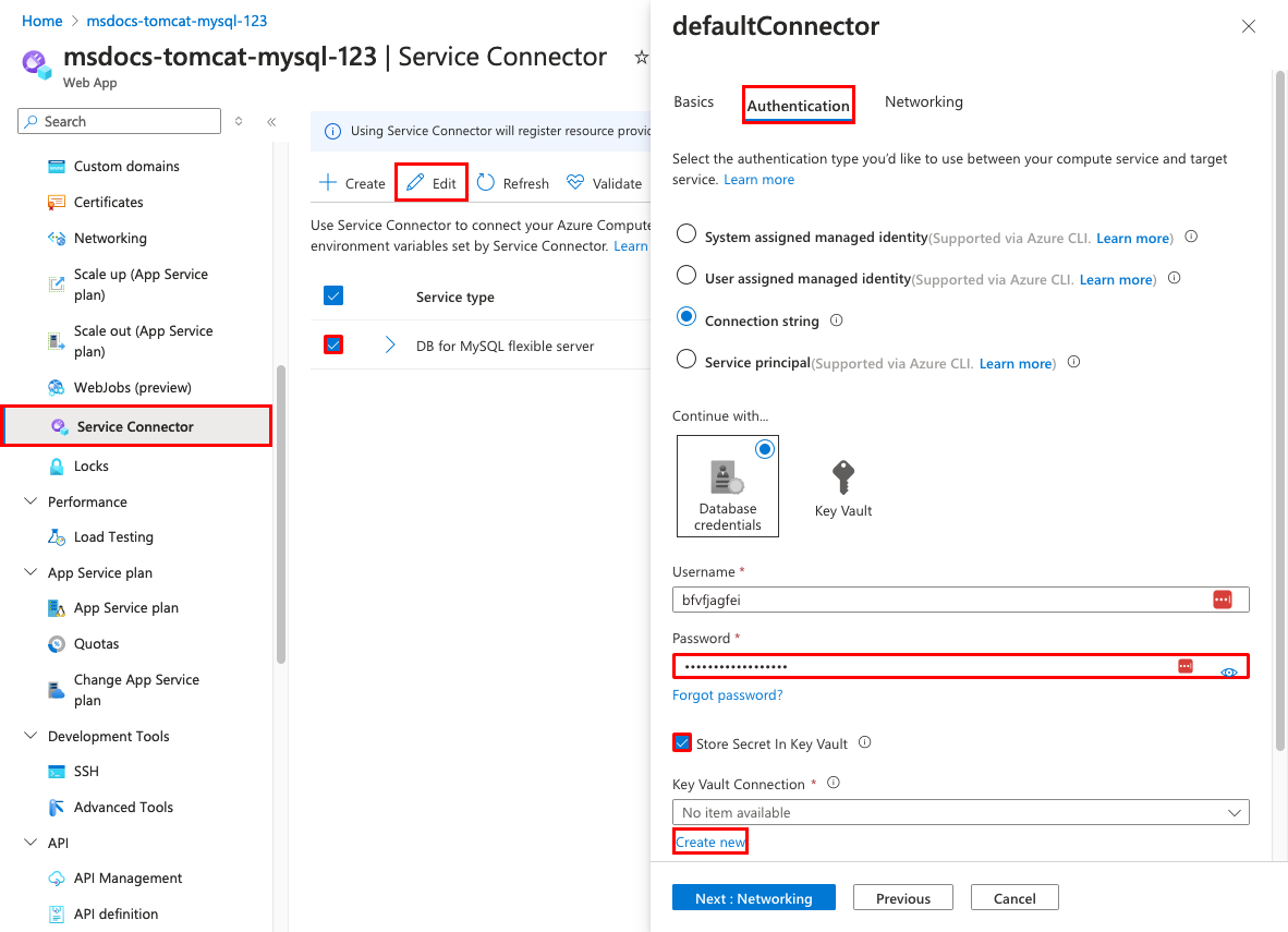 A screenshot showing how to edit a service connector with a key vault connection.