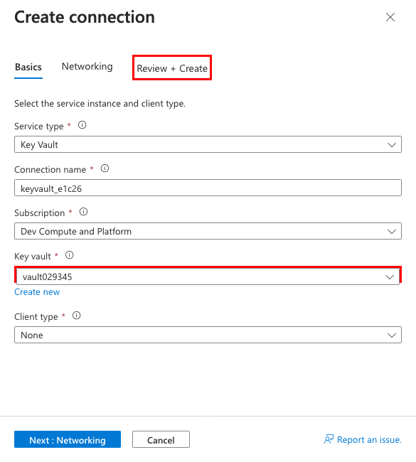 A screenshot showing how to configure a key vault service connector.