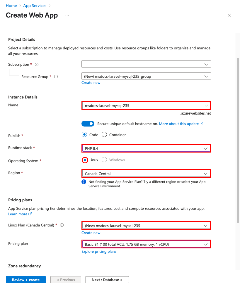 A screenshot showing how to configure a new app in the Web App wizard.