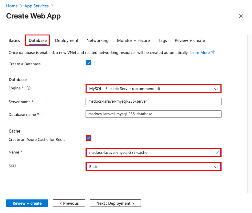 A screenshot showing the database configuration in the Web App wizard.