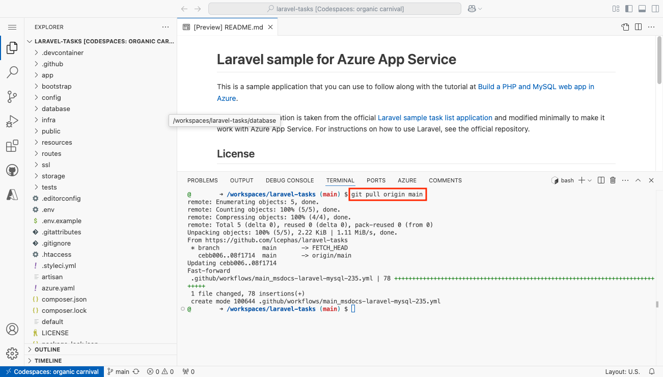 A screenshot showing git pull inside a GitHub codespace.