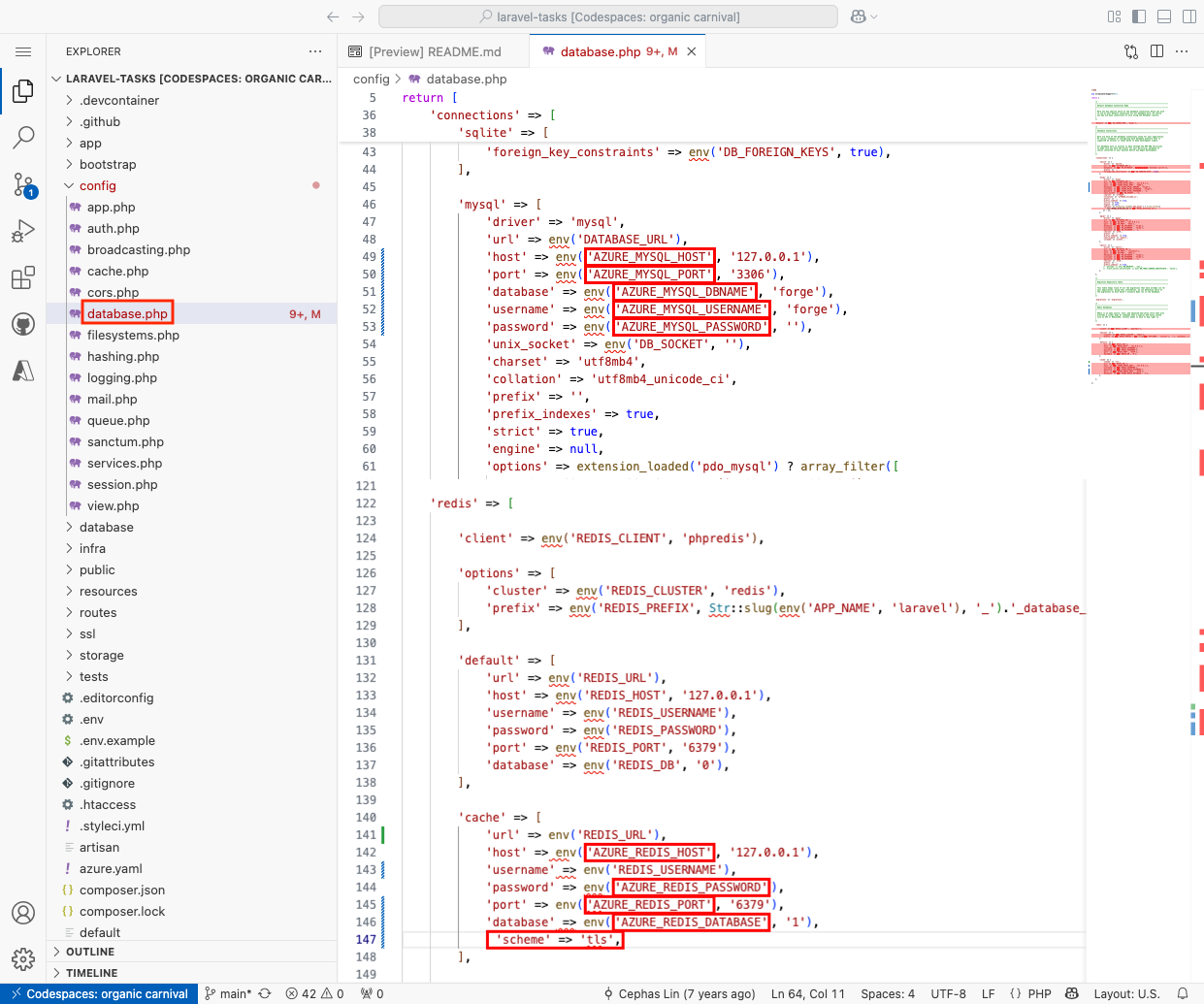 A screenshot showing a GitHub codespace and config/database.php opened.