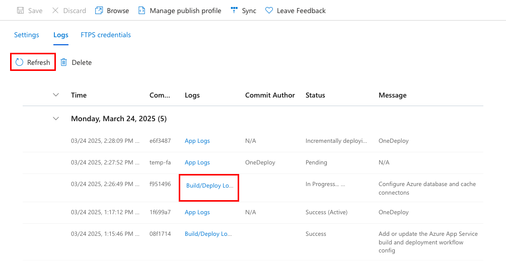 A screenshot showing how to open deployment logs in the deployment center.