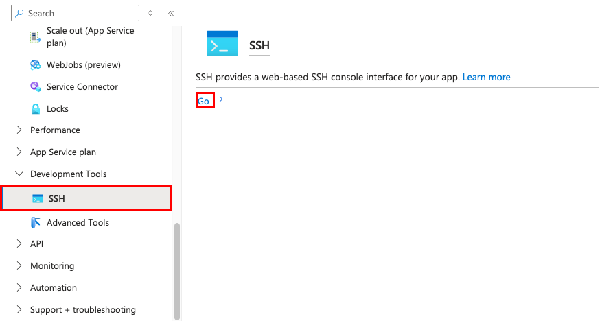 A screenshot showing how to open the SSH shell for your app from the Azure portal.