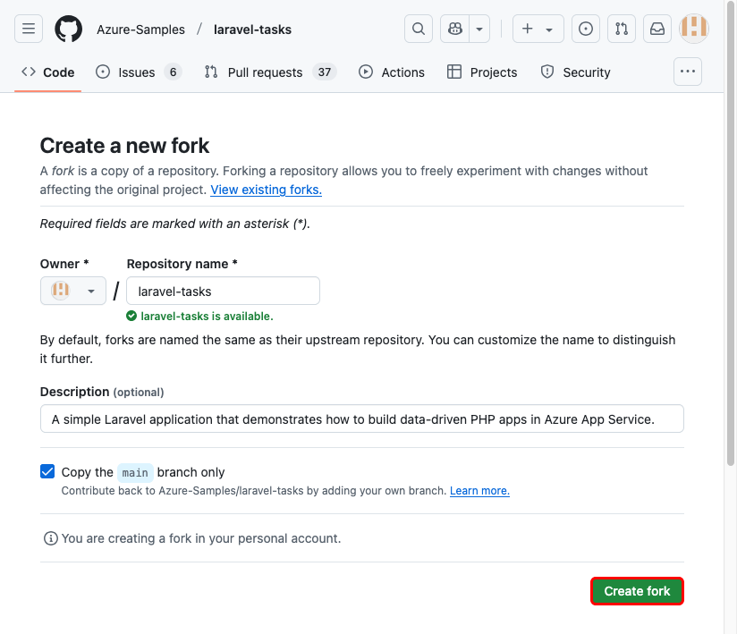 A screenshot showing how to create a fork of the sample GitHub repository.