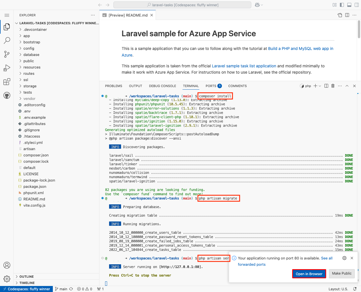 A screenshot showing how to run the sample application inside the GitHub codespace.