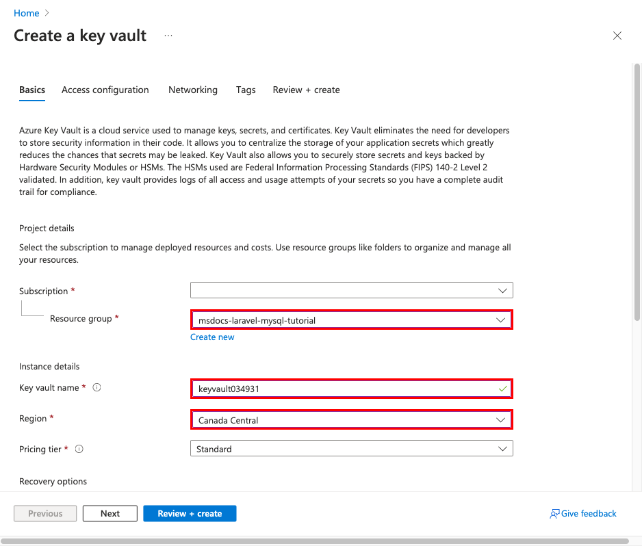 A screenshot showing how to create a key vault.
