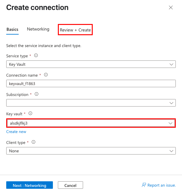 A screenshot showing how to configure a key vault service connector.