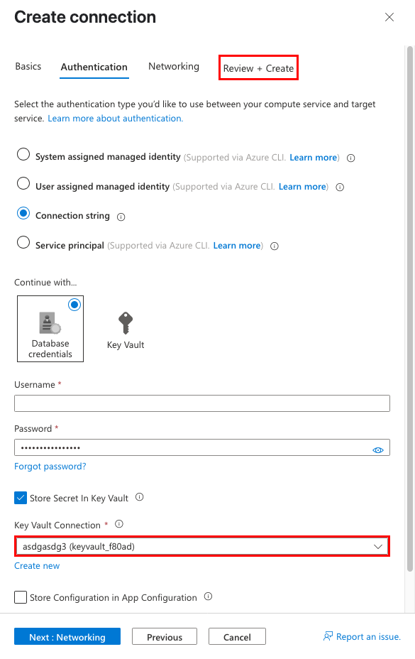 A screenshot showing how to edit the Cache for Redis service connector with a key vault connection.