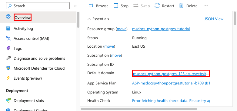 A screenshot showing how to launch an App Service from the Azure portal (Django).
