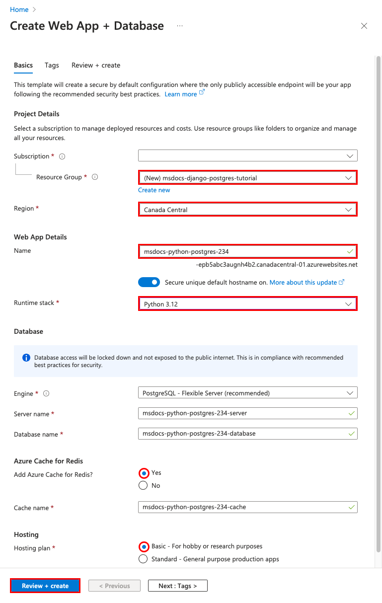 A screenshot showing how to configure a new app and database in the Web App + Database wizard (Django).