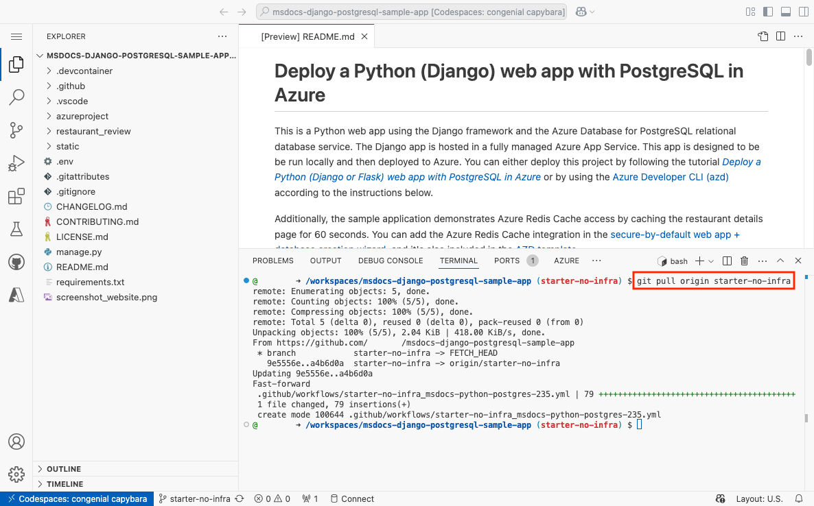 A screenshot showing git pull inside a GitHub codespace.