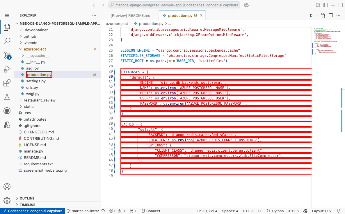 A screenshot showing a GitHub codespace and azureproject/production.py opened.