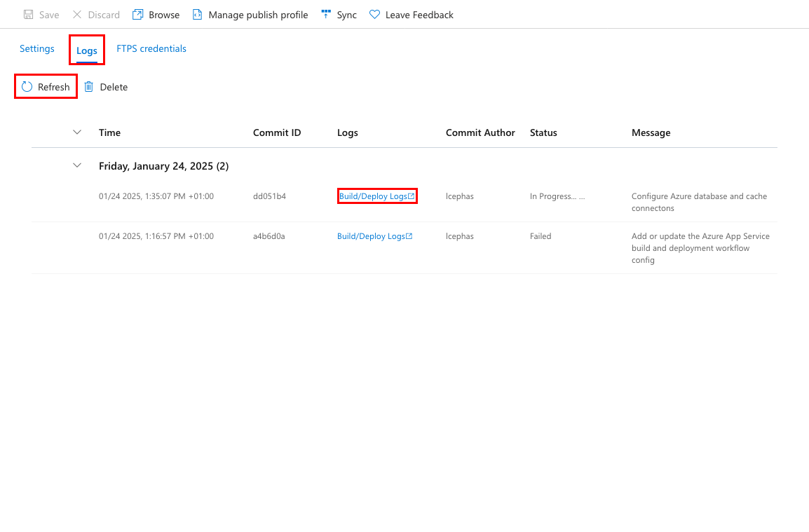 A screenshot showing how to open deployment logs in the deployment center.