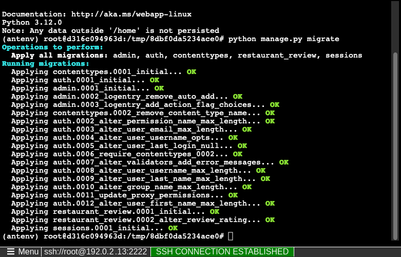 A screenshot showing the commands to run in the SSH shell and their output (Django).