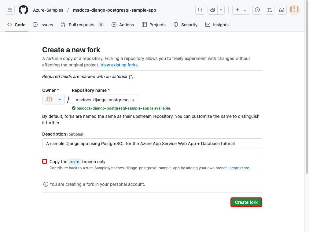 A screenshot showing how to create a fork of the sample GitHub repository.