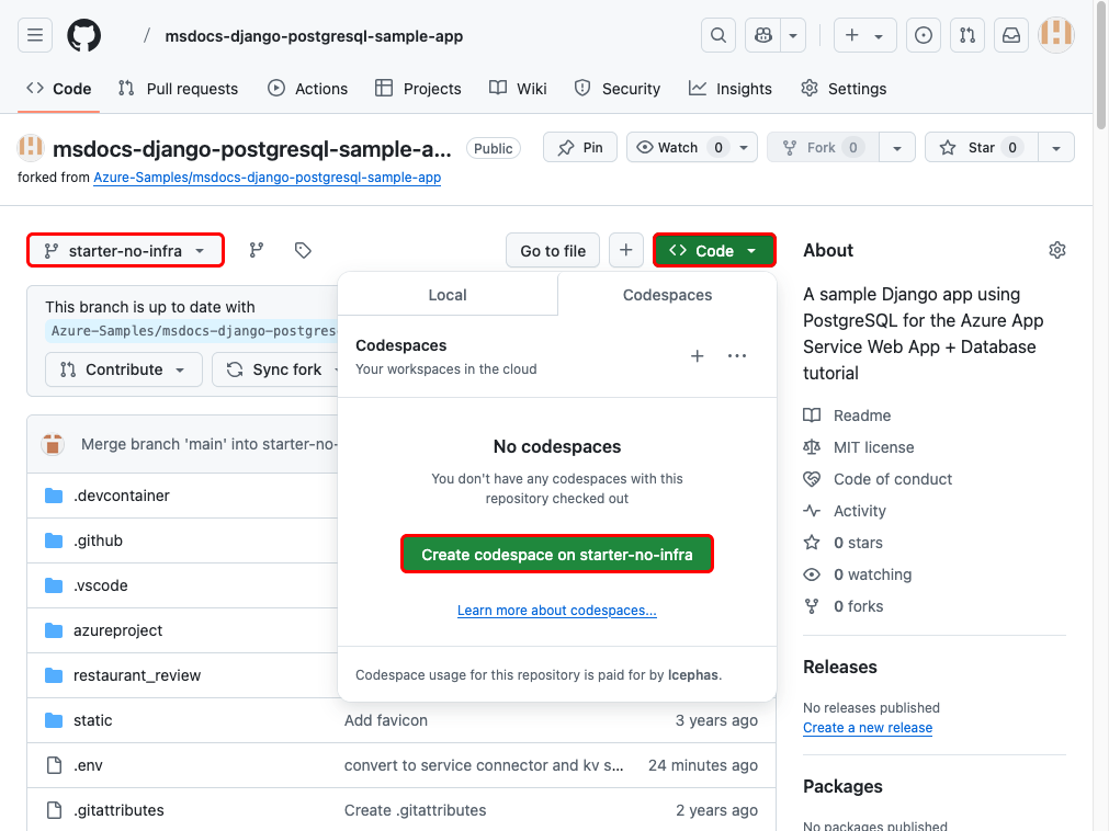 A screenshot showing how to create a codespace in GitHub.