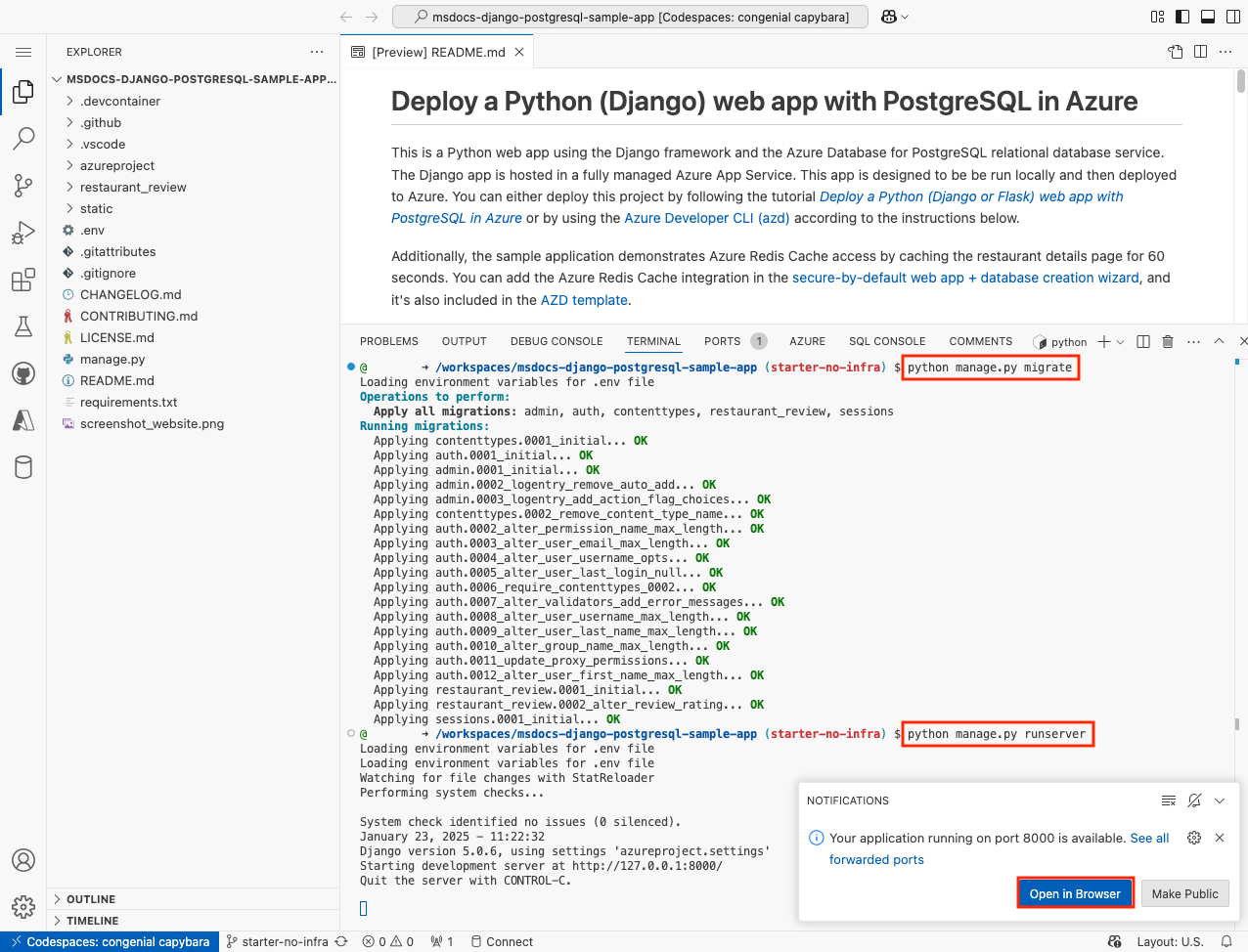 A screenshot showing how to run the sample application inside the GitHub codespace.