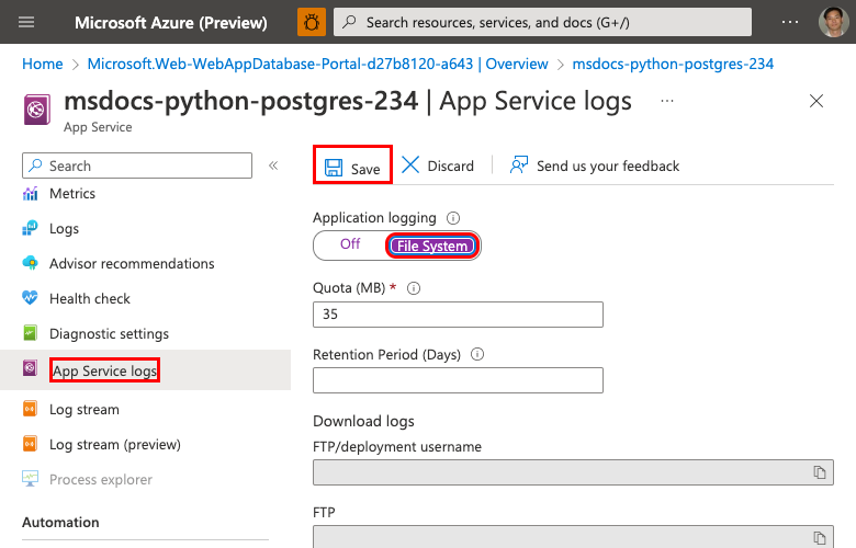 A screenshot showing how to enable native logs in App Service in the Azure portal.