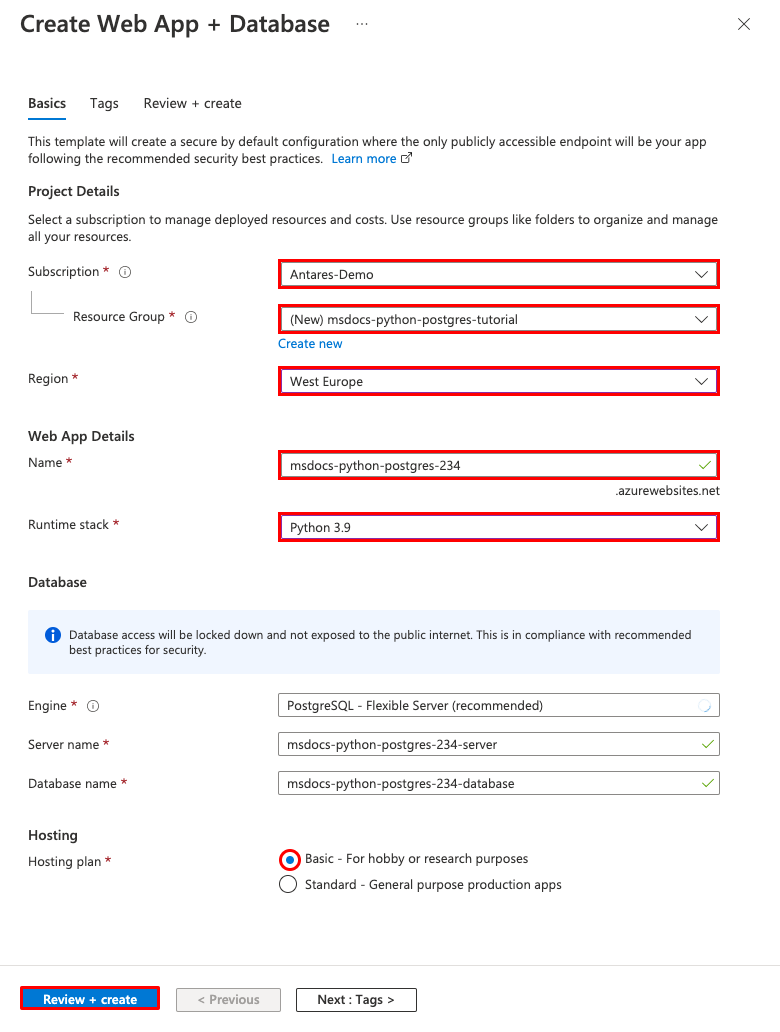 A screenshot showing how to configure a new app and database in the Web App + Database wizard (FastAPI).