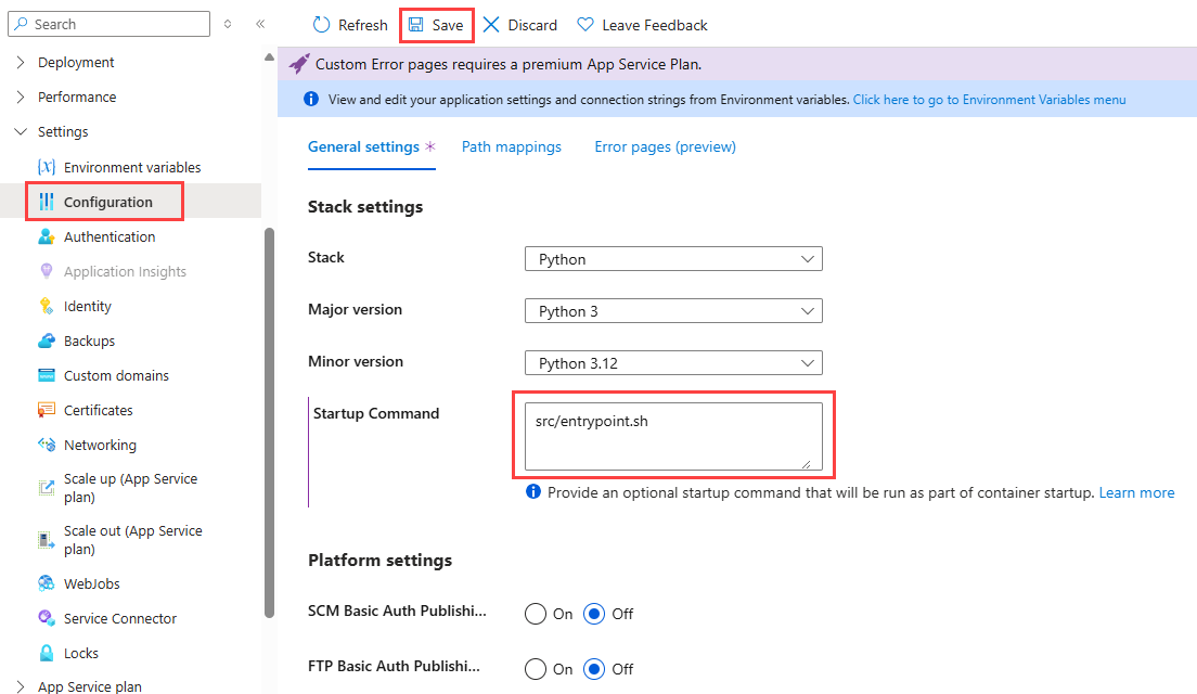 A screenshot showing adding a startup command (FastAPI).
