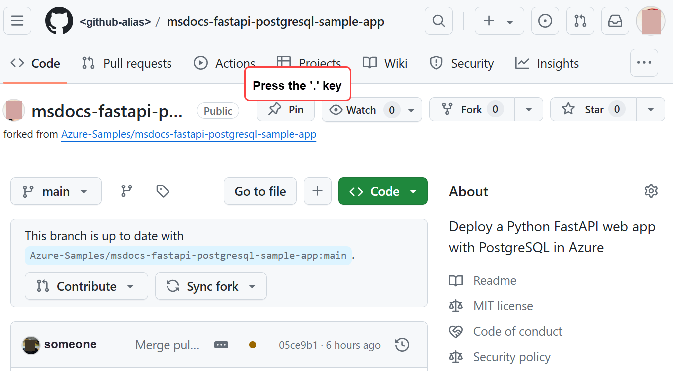 A screenshot showing how to open the Visual Studio Code browser experience in GitHub (FastAPI).
