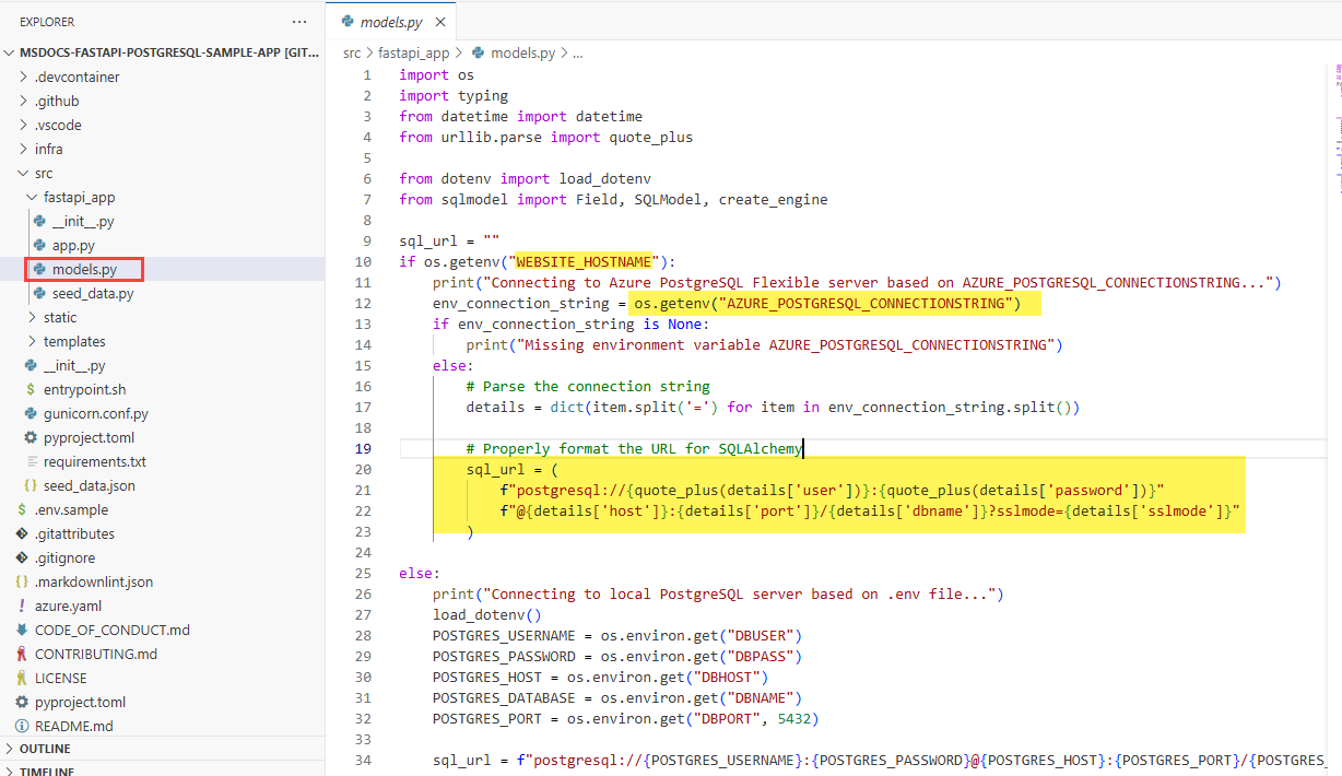 A screenshot showing Visual Studio Code in the browser and an opened file (FastAPI).