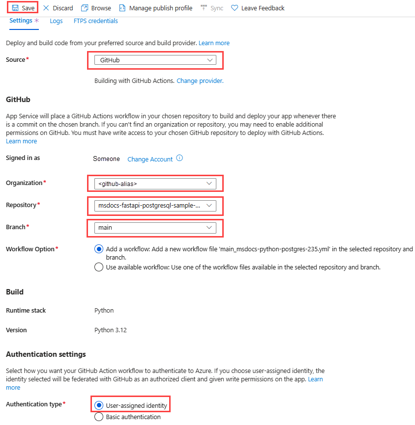 A screenshot showing how to configure CI/CD using GitHub Actions (FastAPI).