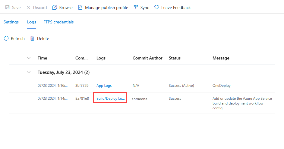 A screenshot showing how to open deployment logs in the deployment center (FastAPI).