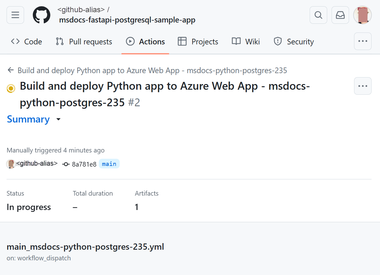 A screenshot showing a GitHub run in progress (FastAPI).