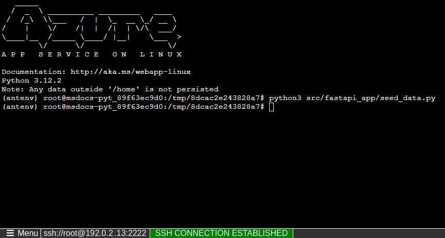 A screenshot showing the commands to run in the SSH shell and their output (FastAPI).