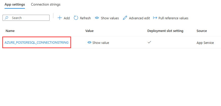 A screenshot showing how to see the autogenerated connection string (FastAPI).