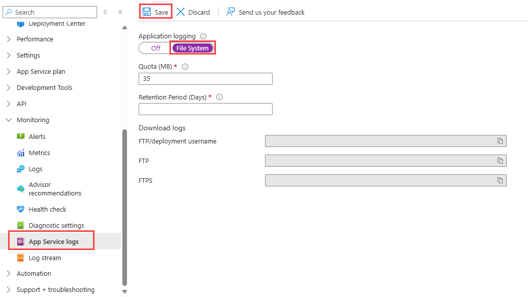 A screenshot showing how to enable native logs in App Service in the Azure portal.