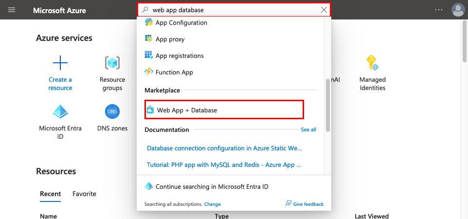 A screenshot showing how to use the search box in the top tool bar to find the Web App + Database creation wizard.