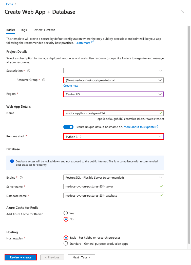A screenshot showing how to configure a new app and database in the Web App + Database wizard.