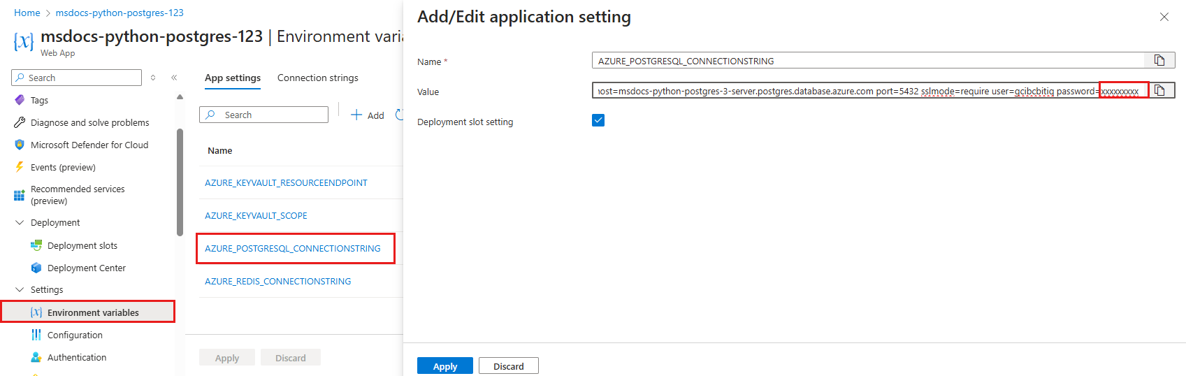 A screenshot showing how to see the value of an app setting.