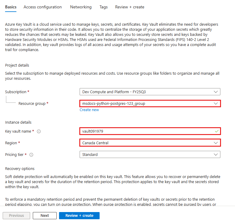 A screenshot showing how to create a key vault.