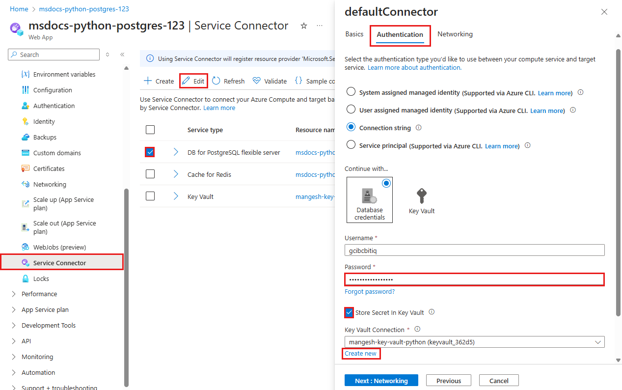 A screenshot showing how to edit a service connector with a key vault connection.