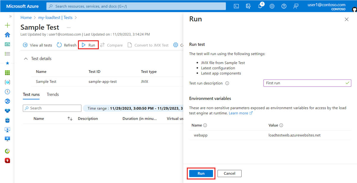 Screenshot that shows how to start a load test in the Azure portal.