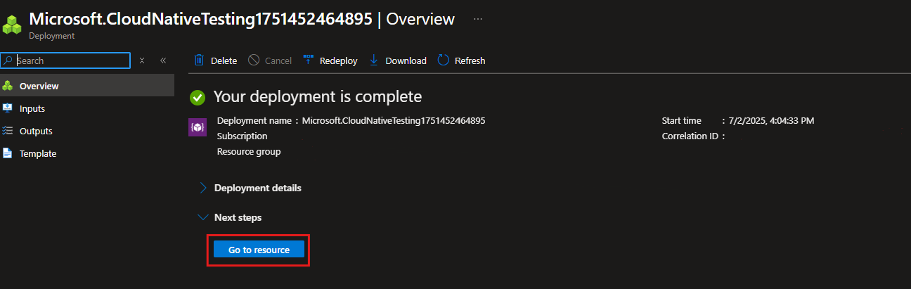 Screenshot that shows the deployment completion information in the Azure portal.