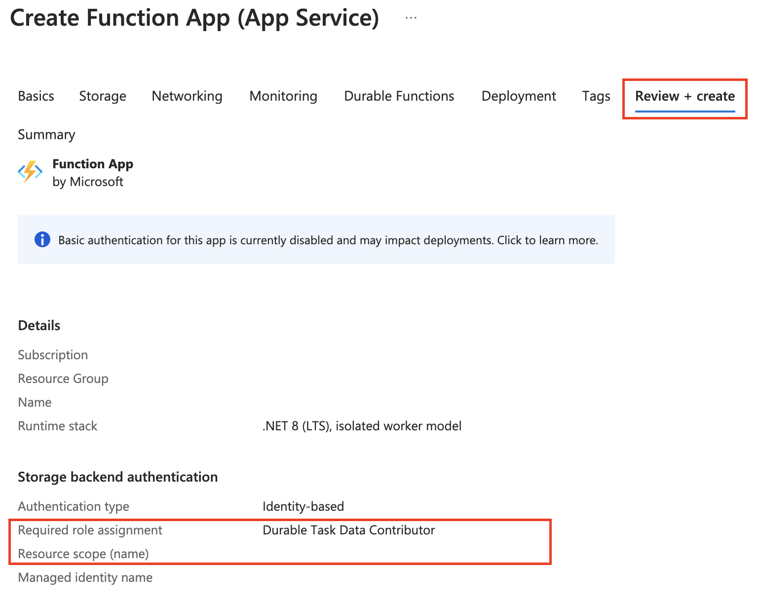 Screenshot of fields and properties chosen and in review on the Review + create tab.