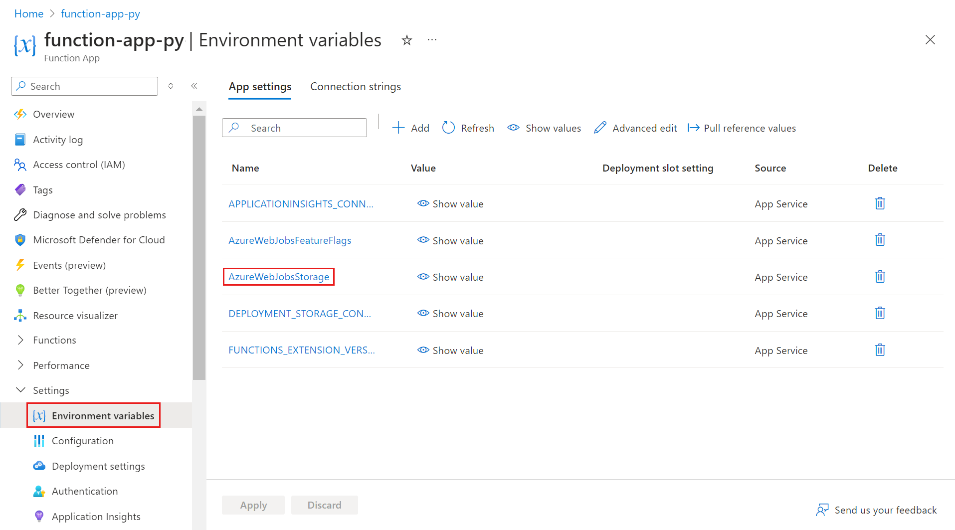 Screenshot that shows the Configuration page with AzureWebJobsStorage selected.