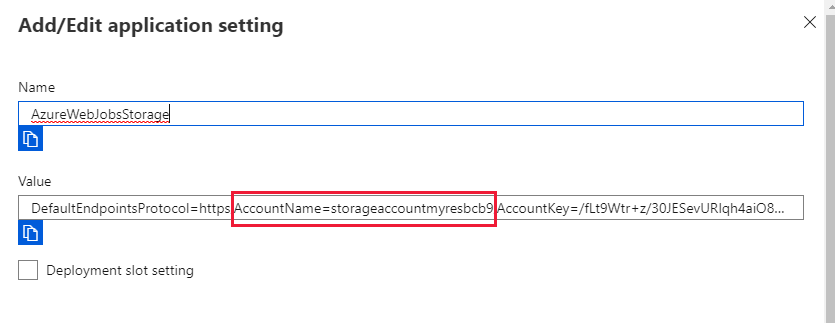 Screenshot that shows how to locate the storage account connected to AzureWebJobsStorage.