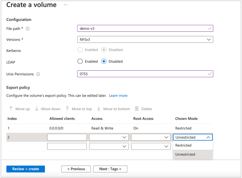 Screenshot that shows the Create a Volume screen for NFS.