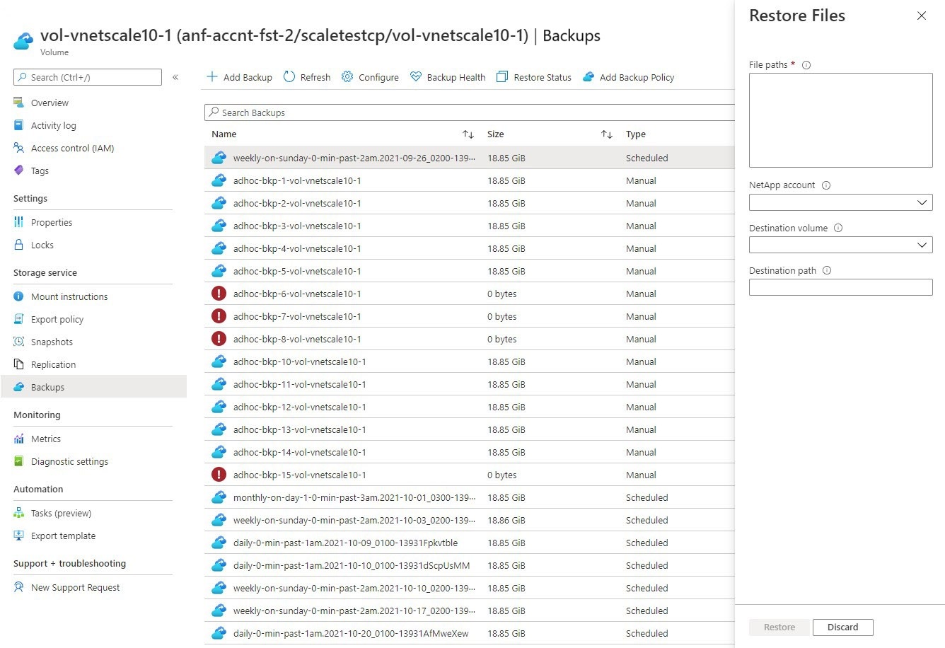 Screenshot of restore interface.