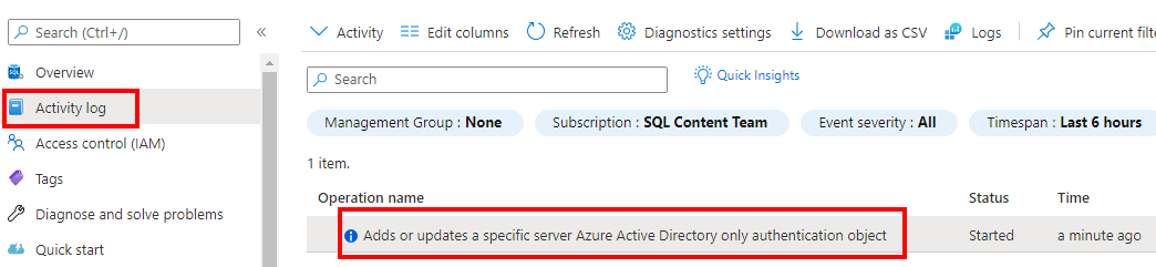 Screenshot from the Azure portal of the activity log entry.