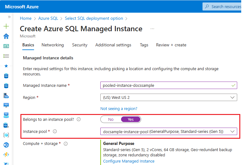 Screenshot of the Create Azure SQL Managed Instance page in the Azure portal with belongs to an instance pool selected.