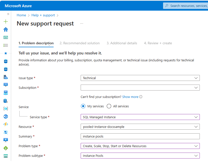 Screenshot of the Instance pools support request in the Azure portal.