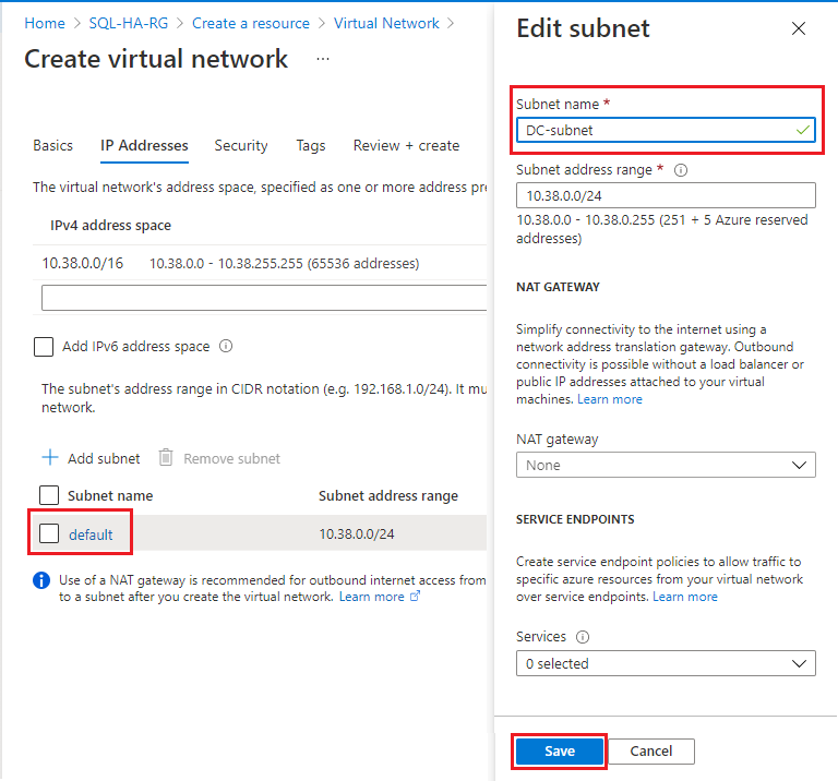 Screenshot of the Edit Subnet pane when creating a virtual network in the Azure portal.